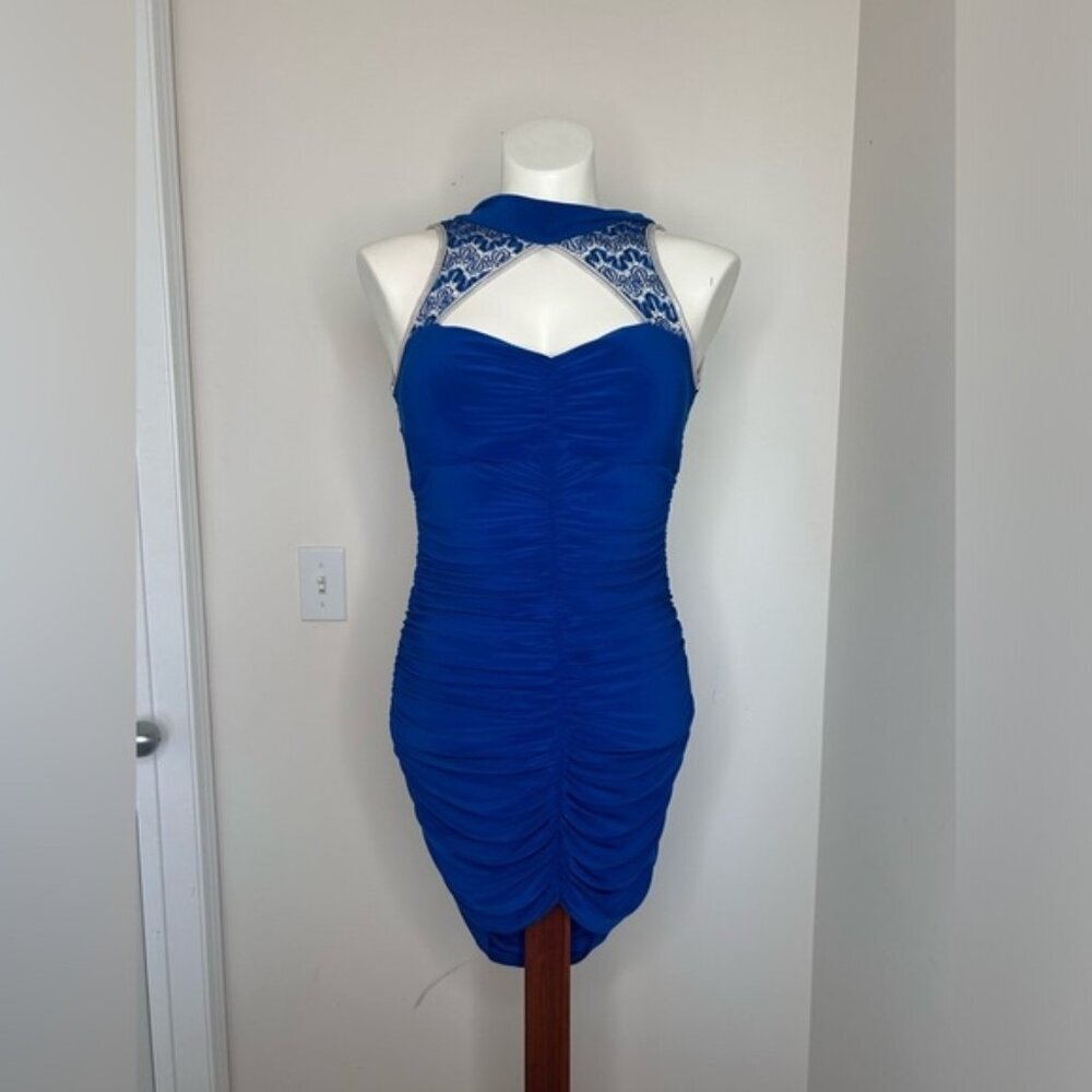 Royal Blue Lace Halter Bodycon Mini Dress - Picture 2 of 6
